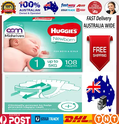 Huggies Newborn Nappies Size 1 (up To 5kg) 108 Count • $41.75