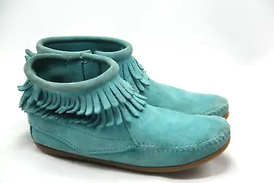 Minnetonka Ankle Boots Womens 4 Double Fringe Moccasin Side Zips Turquoise Suede • £13.02