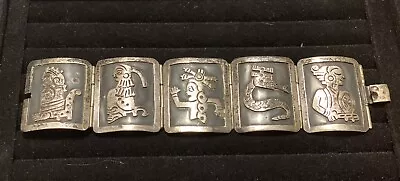 Vintage Sterling Silver 925 Mexican Storyteller Wide Panel Link Bracelet 7.25” • $99.99