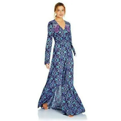 $125 • Buy TIGERLILY Turkish Baths Blue Floral Print Long Sleeve Boho Maxi Wrap Dress Sz 10