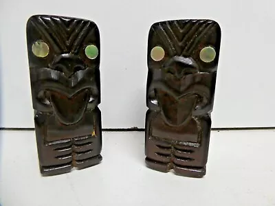 Vintage Wooden Tiki Carved Salt Pepper Shakers New Zealand Maori Paua Shell Eyes • $15.66