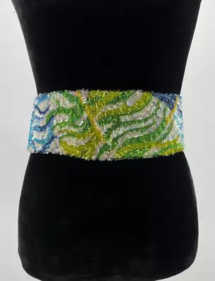 Vintage La Mendola Peacock Retro Hand Beaded Green Pure Silk Chiffon Belt • $149.99