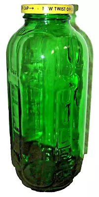 Vintage Embossed Green Glass 40oz Water Juice Refrigerator Jar Bottle With Lid • $11.99