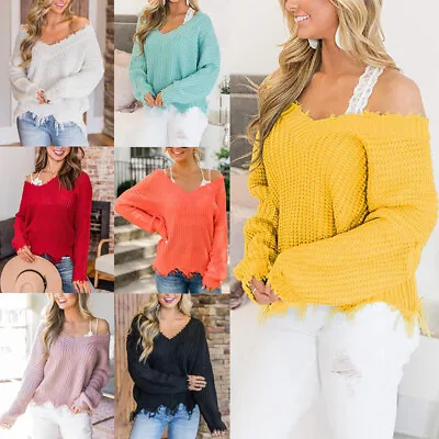 $14.24 • Buy Womens V Neck Knitted Sweater Jumper Off Shoulder Pullover Knitwear Tops Blouse