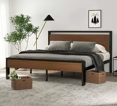 King Size Metal Platform Bed Frame With Wooden Headboard & Footboard Walnut • $207.99