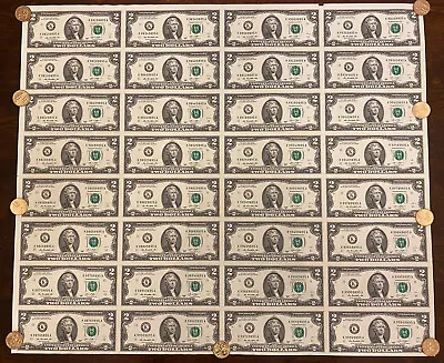 $2 Two Dollar Bills Uncut Currency Sheet Of 32 Notes 2013 Dallas Texas - $64 • $199