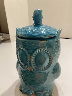 Owl Cookie Jar Vintage Blue Glazed Ip • $30