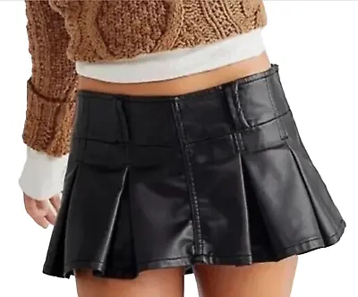 New Free People Black Vegan Faux Leather Pleated Micro Mini Skort Skirt Sz 10 • $44.99