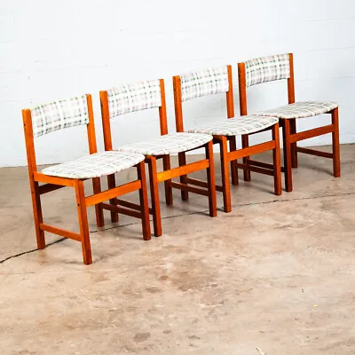 Mid Century Danish Modern Dining Chairs Set 4 Solid Teak Plaid Denmark Vintage • $998.98