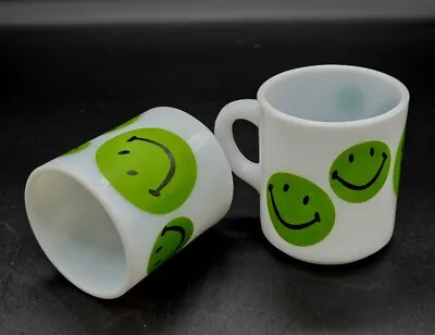 2pc Vtg Fire King Green Happy Smiley Face Milk Glass Coffee Mugs • $47