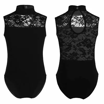 Black Turtle Neck Kids Dance Leotard Lace Flowers Ballet Age 7-15 Girl UK SELLER • £12.99