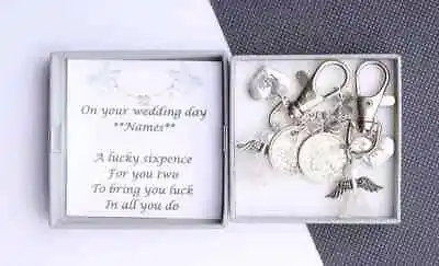 £9.99 • Buy Personalised Lucky Sixpence Coin Keyring Set Civil Partnership-Wife & Bride Gift
