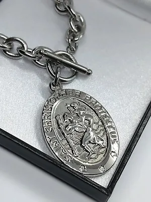 Mens Chunky Silver Steel St Christopher Pendant T-Bar Necklace Christmas Gift • £34.99