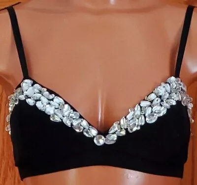 Forever Bra Black With Large Clear Rhinestones Sequins And Beads Soft Cup M • $9.95