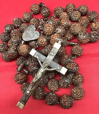 Antique Large ROSARY Wood Carved Beads Habit Priest 44  Long Rare Crucifix Cross • $395