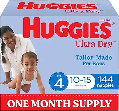 HUGGIES Ultra-Dry Nappies Boys Size 4 (10-15kg) One-Month Supply 108pk Count • $86.99