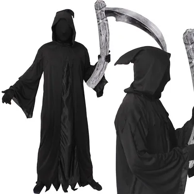 Black Adults Grim Reaper Halloween Mens Fancy Dress Costume Horror Death Cloak • £16.99