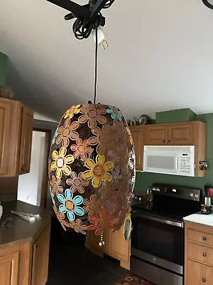 Unique Hanging Metal Light With  Brown Background Multi Colored Flowers • $28.50