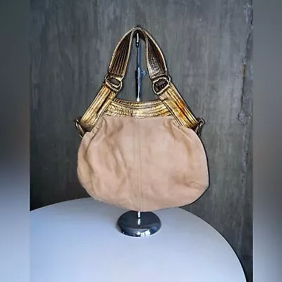Vintage Mike & Chris Leather Y2K Handbag -Beige With Metallic Handles • $48