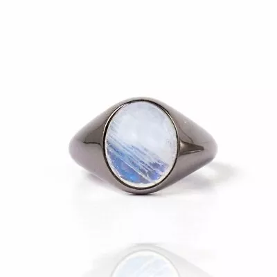 Rainbow Moonstone Ring 925 Sterling Silver Ring Black Rhodium Mens Signet Ring • $56.36