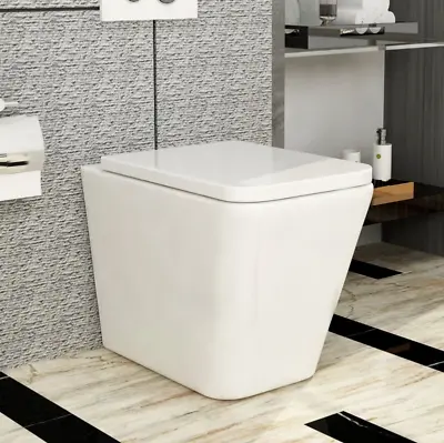 Back To Wall Cube Bathroom Toilet WC Modern White Square  Soft Close Seat Pan • £139.99