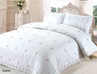 White Sophie Embroidered Roses Delicate Lace Trim Elegant Soft Duvet Cover Set • £34.99