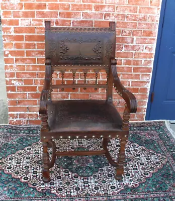 French Antique Renaissance Walnut  Wood Upholstered Leather Desk Armchair • $1200