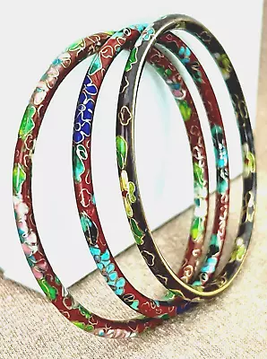 Cloisonne Bangle Bracelet LOT Of 3 Enamel Vintage Multicolor Floral FREE SHIP • $24.98