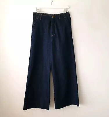 Zara Dark Blue Wide Leg Cropped Jeans 38 10 Raw Hem 26 Leg • £15