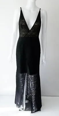 ELLE ZEITOUNE Size 8 10 Black Lace Plunge Neckline Evening Dress Gown • $39