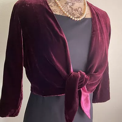 Exquisite Deep Burgundy Lined Rayon Velvet Tye  Shrug Jacket Allison Taylor M  • $29