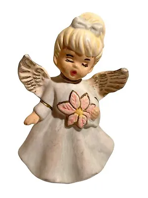 Vintage Christmas Angel Girl Holding Poinsettia Flower Ceramic Figurine 4  Tall • $12.95