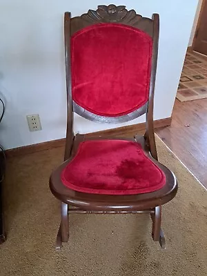 Rare Old Vintage Antique Folding Nursing Rocking Chair Wood Red Upholstered Nice • $215