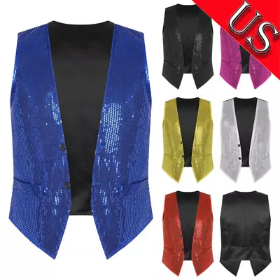 US Men's Shiny Sequins V-Neck Business Party Dress Suit Slim Fit Vest Waistcoats • $8.36