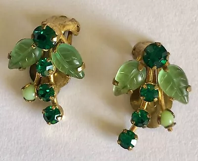 VTG Signed AUSTRIA Green Rhinestone Flowers Leaves Gold Tone Clip On Earrings • $15