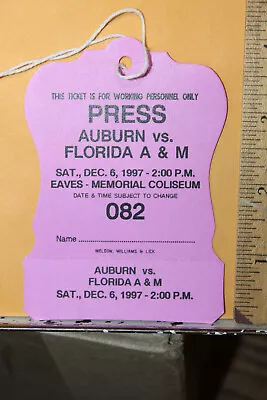 1997 Auburn University Vs Florida A&M Basketball Ticket Press Pass • $10
