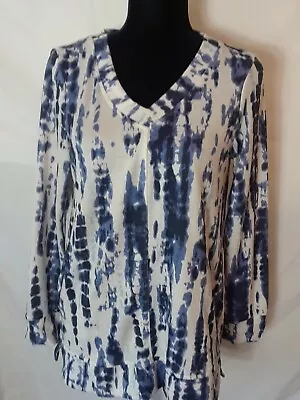 $10.07 • Buy Ellen Tracy Womens Top S Blue Beige Tie Dye Pattern V-Neck Long Sleeve