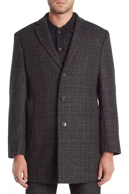 Calvin Klein Men Grey Plaid Wool Blend Slim Fit Coat Prosper Overcoat 46 Regular • £70