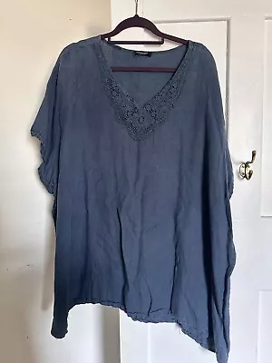 4XL (22/24/26) Made In Italy Blue Linen Top Lagenlook Short Sleeve Crochet Neck • £2.99