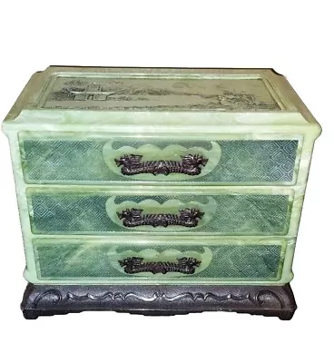 Vintage Marbled Green Hard Plastic Jewelry Box Dragon Pulls Outdoor Asian Scenes • $21.99