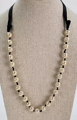 Vintage Simulated Cream Pearls Glass Bead Ribbon-Tie Necklace 44 In • $10.50