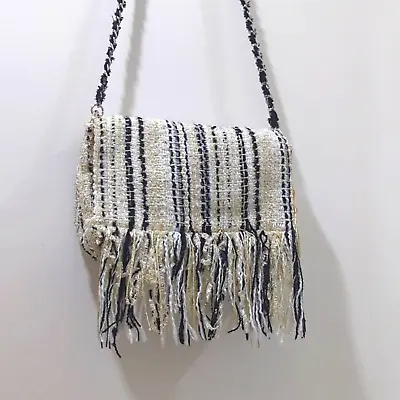 ZARA TRF Tweed Striped Fringe Fold Over Cross Body Bag Purse Cream Gold Black • £23.75