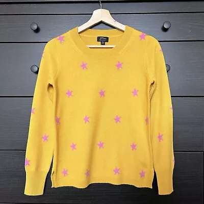 J Crew Yellow Star Print Everyday Cashmere Crewneck Sweater Size XS • $22.99