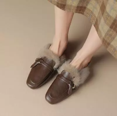 Womens Faux Leather Rabbit Fur Lined Backless Mules Closed Loafers Slip On Shoes • $80.54