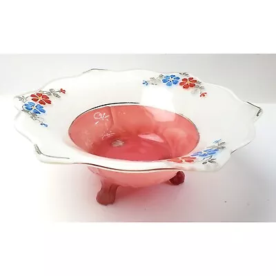 Vtg Indiana Glass Moderne 3 Footed Bowl Floral Art Deco Pink & White 11.5  • $24.97