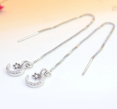 $4.95 • Buy 925 Sterling Silver Plated Moon Star CZ Ear Thread Through Threader Earrings C9