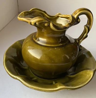 Vintage McCoy Pottery Bowl & Pitcher 1950s Wash Basin Set Green • $27.95