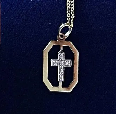 Vintage Small Diamond Chip 14k Gold Cross On A 925 Gold Plated Chain • $44.98