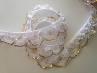 Double Ruffled Scalloped Lace Trim White And Gold 2 Tier Lace Trim 2 YARDS • $6.95