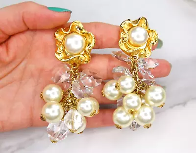 Jacky De G Unsign 80s Vtg French Glass Pearl Crystal 3 + Drop Runway Earrings Xl • $19.99
